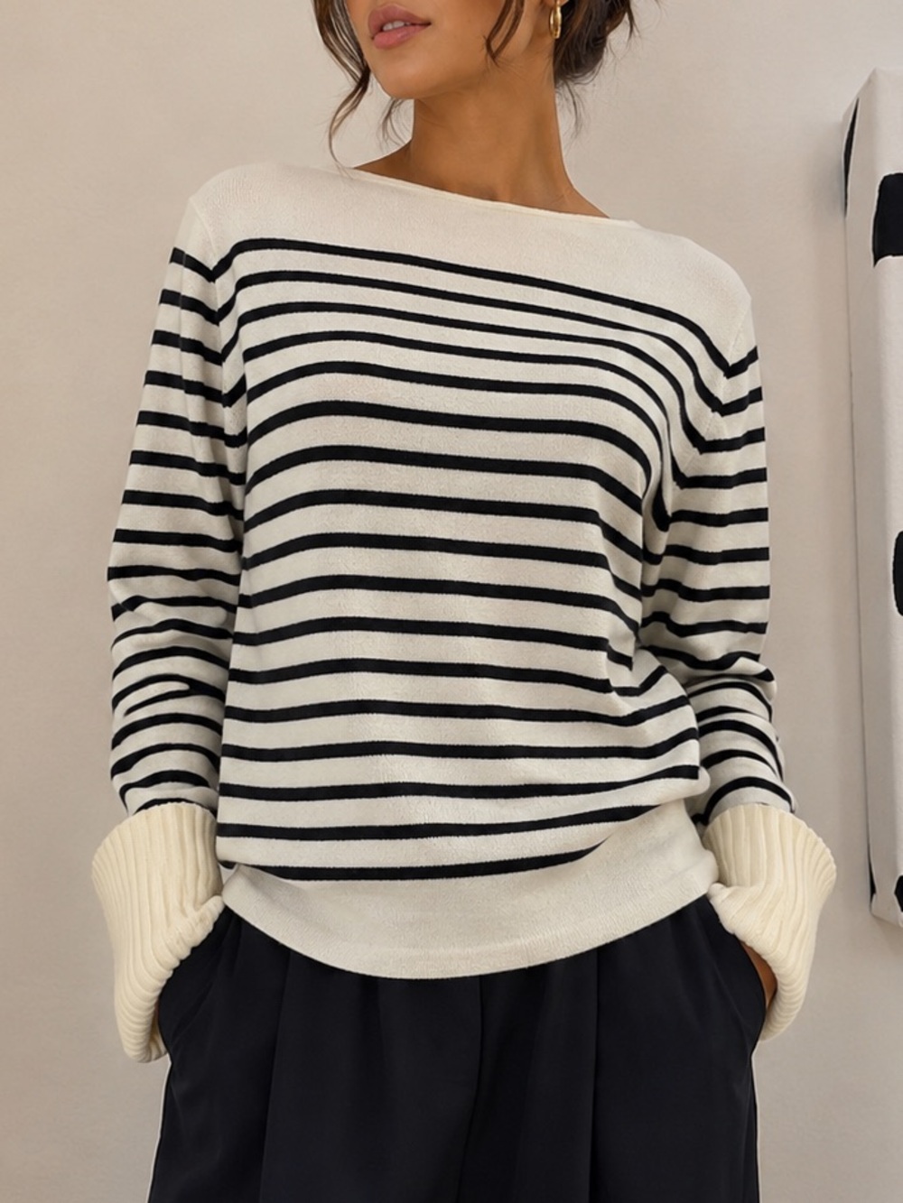 Pingpong 100% wool Striped Cream & Black Pullover jumper Sweater-bateau neck, XL